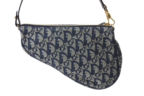 CHRISTIAN DIOR クリスチャンディオール サドルポーチ ワンショルダーバッグ MC1021 ネイビー キャンバス レザー ゴールド金具 美品 4b002688