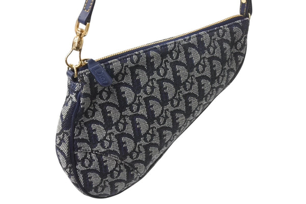 CHRISTIAN DIOR クリスチャンディオール サドルポーチ ワンショルダーバッグ MC1021 ネイビー キャンバス レザー ゴールド金具 美品 4b002688