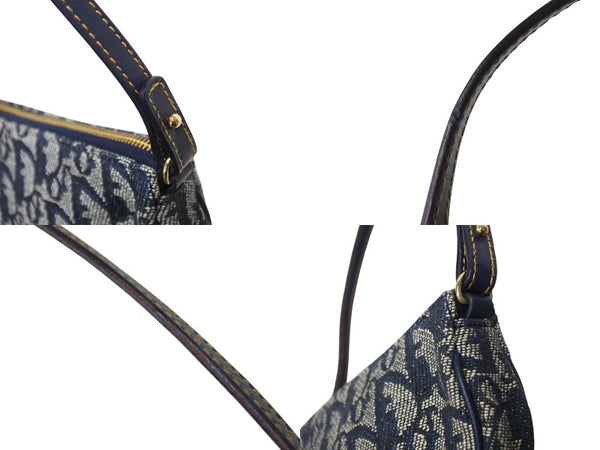 CHRISTIAN DIOR クリスチャンディオール サドルポーチ ワンショルダーバッグ MC1021 ネイビー キャンバス レザー ゴールド金具 美品 4b002688