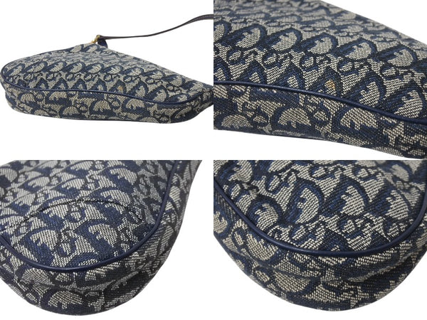 CHRISTIAN DIOR クリスチャンディオール サドルポーチ ワンショルダーバッグ MC1021 ネイビー キャンバス レザー ゴールド金具 美品 4b002688