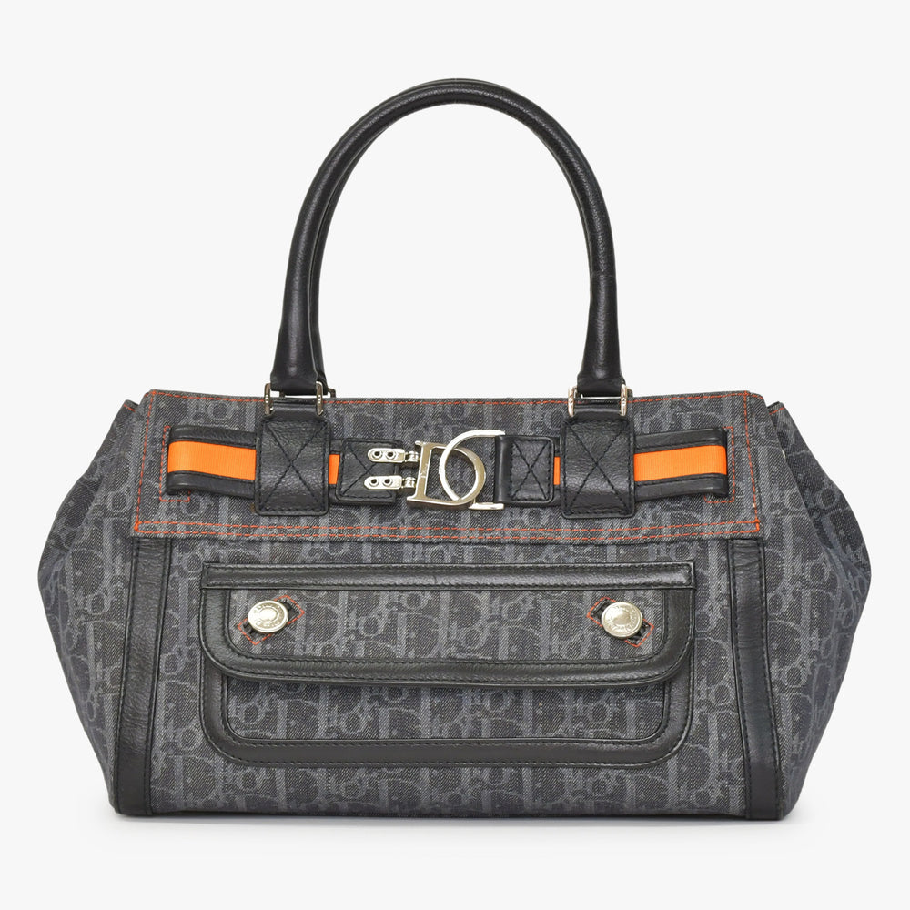 Very Good Condition Christian Dior Flight Line Trotter Handbag Gray Orange Denim Leather 02-BO-0036 Used 4a003034