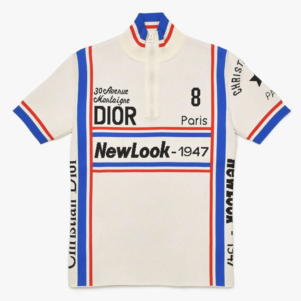 極美品 Christian Dior クリスチャンディオール NewLook-1947 ショートスリーブ ニットシャツ 244S65AM540 34サイズ ホワイト ブルー レッド 中古 4a003192
