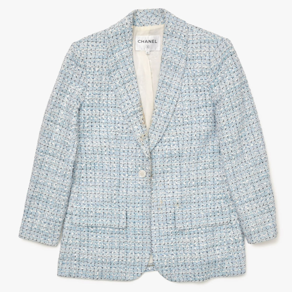 CHANEL シャネル LA PAUSA ファンタジーツイードジャケット P60346 カールラガーフィルド ライトブルー 42サイズ ホワイト V45916 シルバー金具 良品 中古