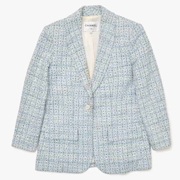 CHANEL シャネル LA PAUSA ファンタジーツイードジャケット P60346 カールラガーフィルド ライトブルー 42サイズ ホワイト V45916 シルバー金具 良品 中古