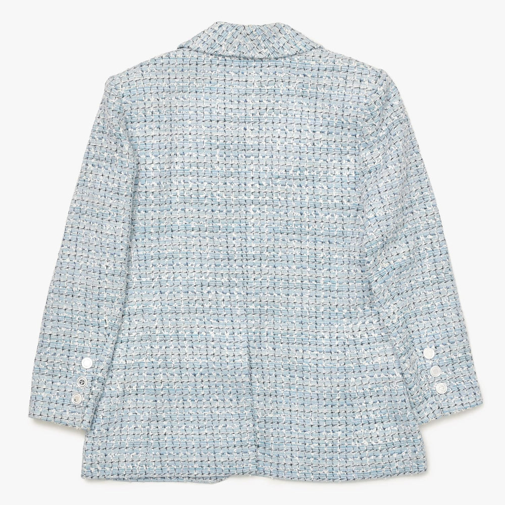 CHANEL シャネル LA PAUSA ファンタジーツイードジャケット P60346 カールラガーフィルド ライトブルー 42サイズ ホワイト V45916 シルバー金具 良品 中古