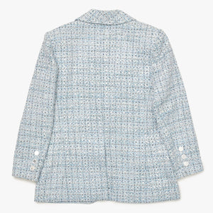 CHANEL シャネル LA PAUSA ファンタジーツイードジャケット P60346 カールラガーフィルド ライトブルー 42サイズ ホワイト V45916 シルバー金具 良品 中古