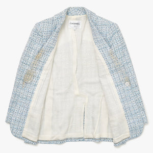 CHANEL シャネル LA PAUSA ファンタジーツイードジャケット P60346 カールラガーフィルド ライトブルー 42サイズ ホワイト V45916 シルバー金具 良品 中古