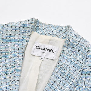 CHANEL シャネル LA PAUSA ファンタジーツイードジャケット P60346 カールラガーフィルド ライトブルー 42サイズ ホワイト V45916 シルバー金具 良品 中古
