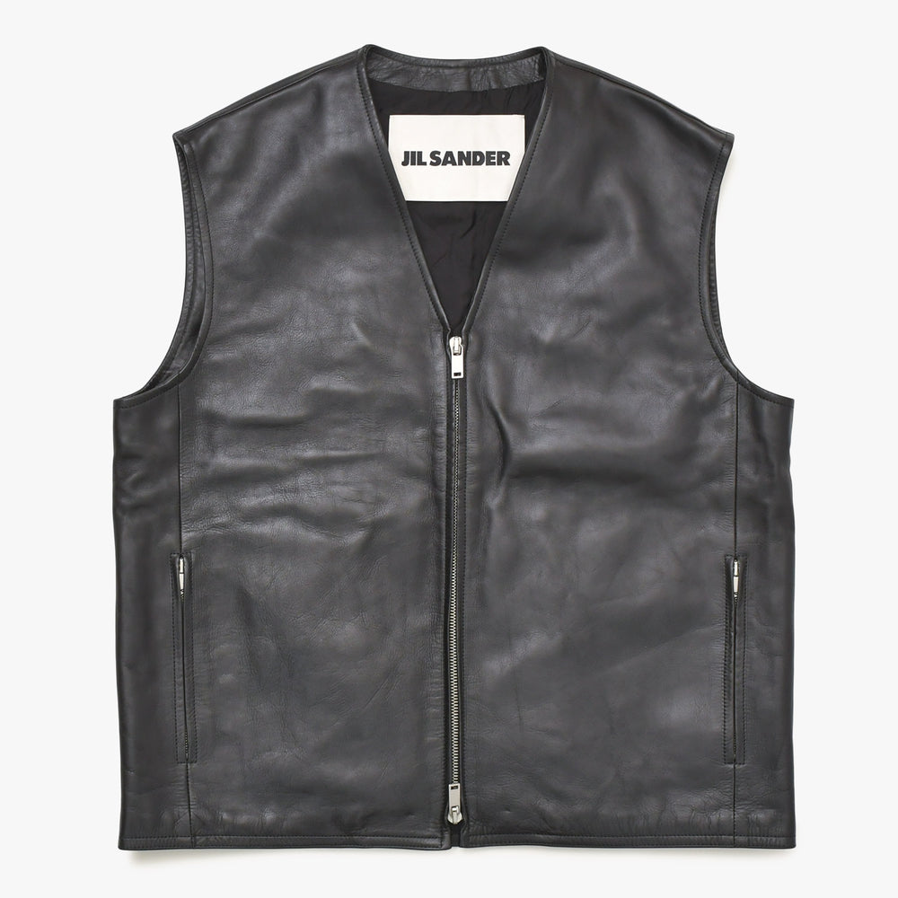 JIL SANDER Jil Sander Leather Vest Gilet J21FB0111 J07145 Black Leather Light Outerwear Double Zip Silver Hardware Good Condition Used 4a003317