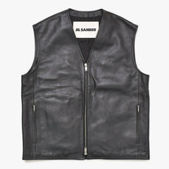 JIL SANDER ジルサンダー レザーベスト ジレ J21FB0111 J07145 ブラック レザー ライトアウター ダブルジップ シルバー金具 美品 中古 4a003317