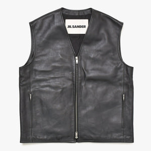 JIL SANDER ジルサンダー レザーベスト ジレ J21FB0111 J07145 ブラック レザー ライトアウター ダブルジップ シルバー金具 美品 中古 4a003317