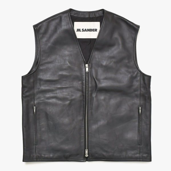 JIL SANDER ジルサンダー レザーベスト ジレ J21FB0111 J07145 ブラック レザー ライトアウター ダブルジップ シルバー金具 美品 中古 4a003317