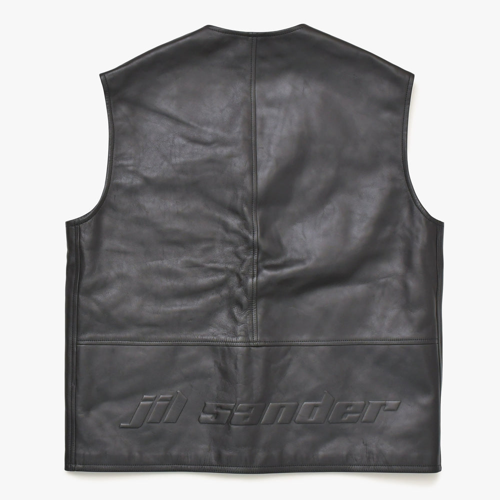JIL SANDER Jil Sander Leather Vest Gilet J21FB0111 J07145 Black Leather Light Outerwear Double Zip Silver Hardware Good Condition Used 4a003317