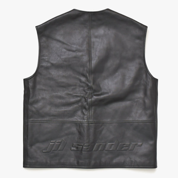 JIL SANDER ジルサンダー レザーベスト ジレ J21FB0111 J07145 ブラック レザー ライトアウター ダブルジップ シルバー金具 美品 中古 4a003317