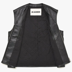 JIL SANDER ジルサンダー レザーベスト ジレ J21FB0111 J07145 ブラック レザー ライトアウター ダブルジップ シルバー金具 美品 中古 4a003317