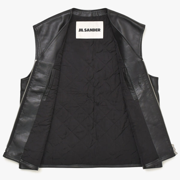 JIL SANDER ジルサンダー レザーベスト ジレ J21FB0111 J07145 ブラック レザー ライトアウター ダブルジップ シルバー金具 美品 中古 4a003317