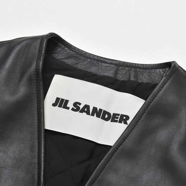 JIL SANDER ジルサンダー レザーベスト ジレ J21FB0111 J07145 ブラック レザー ライトアウター ダブルジップ シルバー金具 美品 中古 4a003317