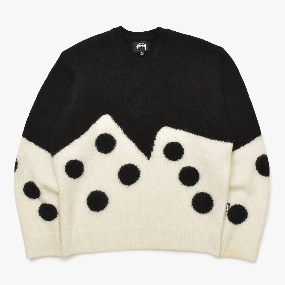 STUSSY ステューシー 23FW Dice Fuzzy Crew ダイス ファジー クルー モヘアニットセーター サイズL ホワイト ブラック 美品 中古 4a003403