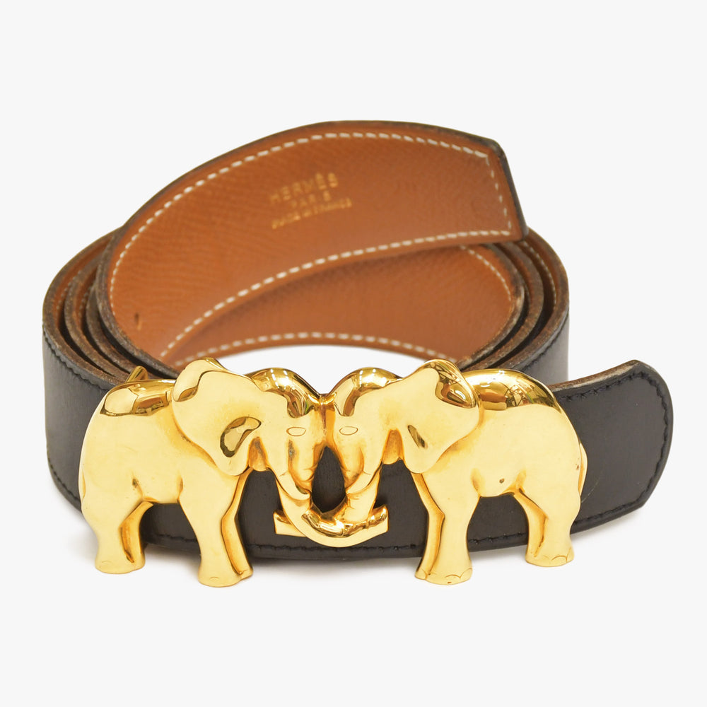 HERMES エルメス エレファントモチーフ ベルト 5C刻印 2頭の像 ゴールドバックル レザー メッキ ブラック ブラウン 良品 中古 4a003879