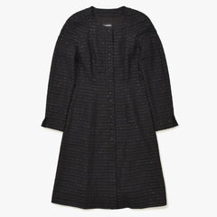 CHANEL シャネル ツイードロングコートドレス ワンピースジャケット P19740 ノーカラー スパンコール ネイビー 40サイズ ブラックメタル金具 美品 中古 4a003901