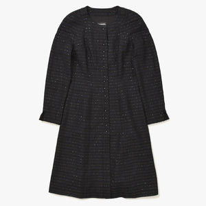 CHANEL シャネル ツイードロングコートドレス ワンピースジャケット P19740 ノーカラー スパンコール ネイビー 40サイズ ブラックメタル金具 美品 中古 4a003901
