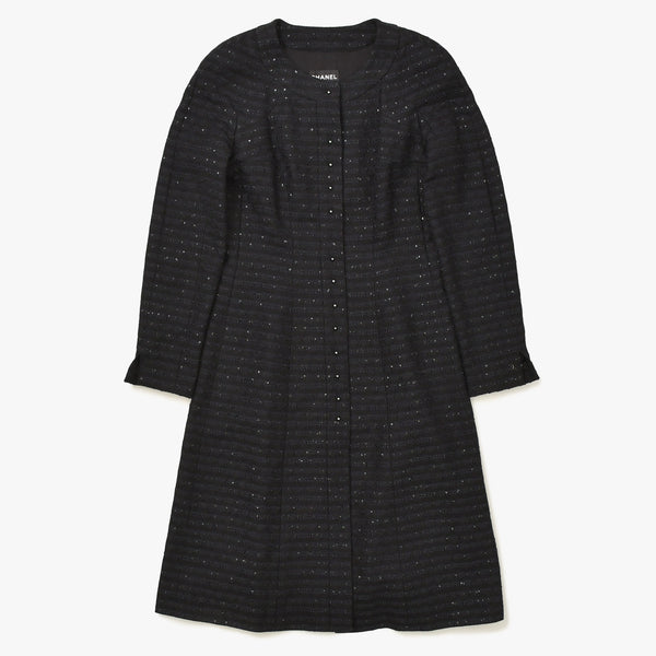 CHANEL シャネル ツイードロングコートドレス ワンピースジャケット P19740 ノーカラー スパンコール ネイビー 40サイズ ブラックメタル金具 美品 中古 4a003901