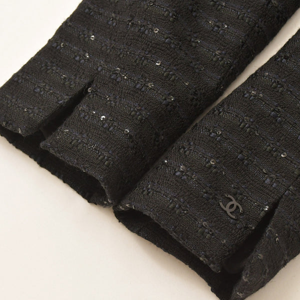 CHANEL シャネル ツイードロングコートドレス ワンピースジャケット P19740 ノーカラー スパンコール ネイビー 40サイズ ブラックメタル金具 美品 中古 4a003901