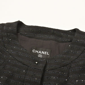 CHANEL シャネル ツイードロングコートドレス ワンピースジャケット P19740 ノーカラー スパンコール ネイビー 40サイズ ブラックメタル金具 美品 中古 4a003901