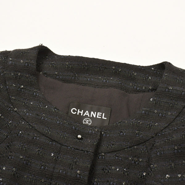 CHANEL シャネル ツイードロングコートドレス ワンピースジャケット P19740 ノーカラー スパンコール ネイビー 40サイズ ブラックメタル金具 美品 中古 4a003901