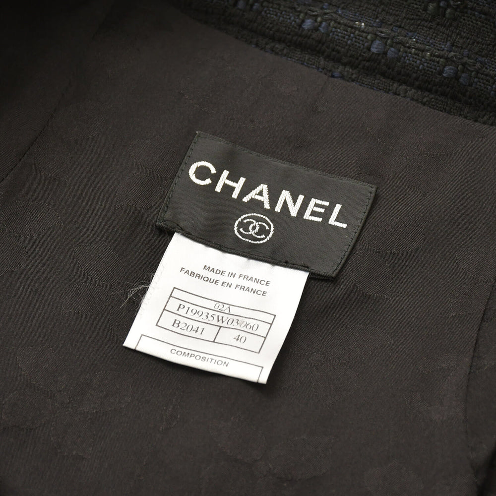 CHANEL シャネル ツイードロングコートドレス ワンピースジャケット P19740 ノーカラー スパンコール ネイビー 40サイズ ブラックメタル金具 美品 中古 4a003901