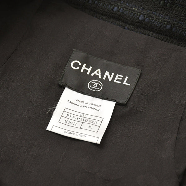 CHANEL シャネル ツイードロングコートドレス ワンピースジャケット P19740 ノーカラー スパンコール ネイビー 40サイズ ブラックメタル金具 美品 中古 4a003901