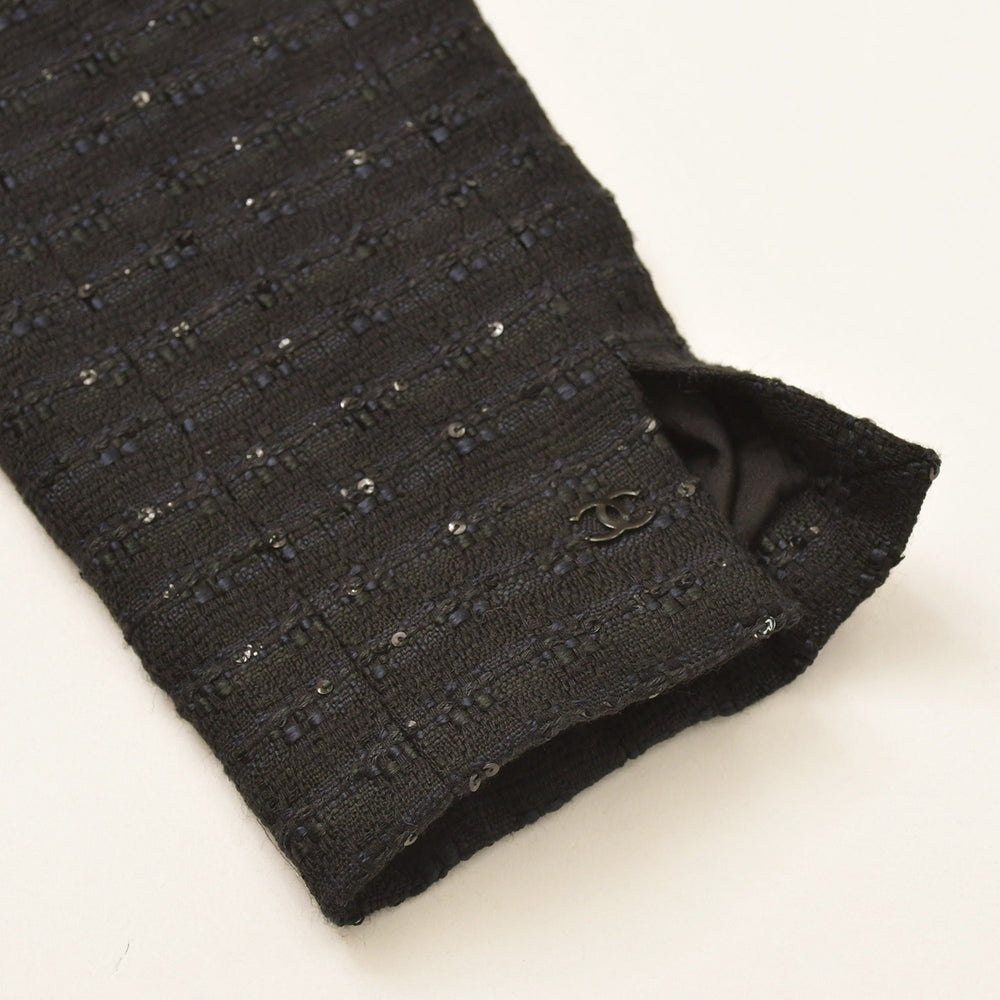 CHANEL シャネル ツイードロングコートドレス ワンピースジャケット P19740 ノーカラー スパンコール ネイビー 40サイズ ブラックメタル金具 美品 中古 4a003901