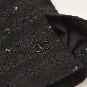 CHANEL シャネル ツイードロングコートドレス ワンピースジャケット P19740 ノーカラー スパンコール ネイビー 40サイズ ブラックメタル金具 美品 中古 4a003901