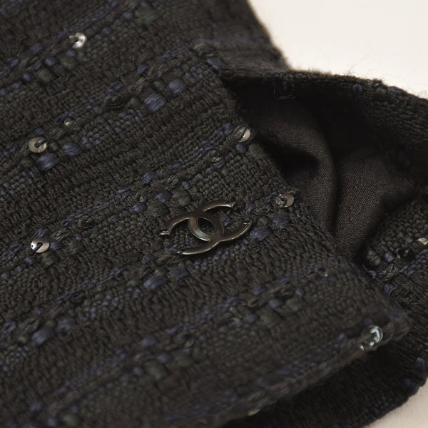 CHANEL シャネル ツイードロングコートドレス ワンピースジャケット P19740 ノーカラー スパンコール ネイビー 40サイズ ブラックメタル金具 美品 中古 4a003901