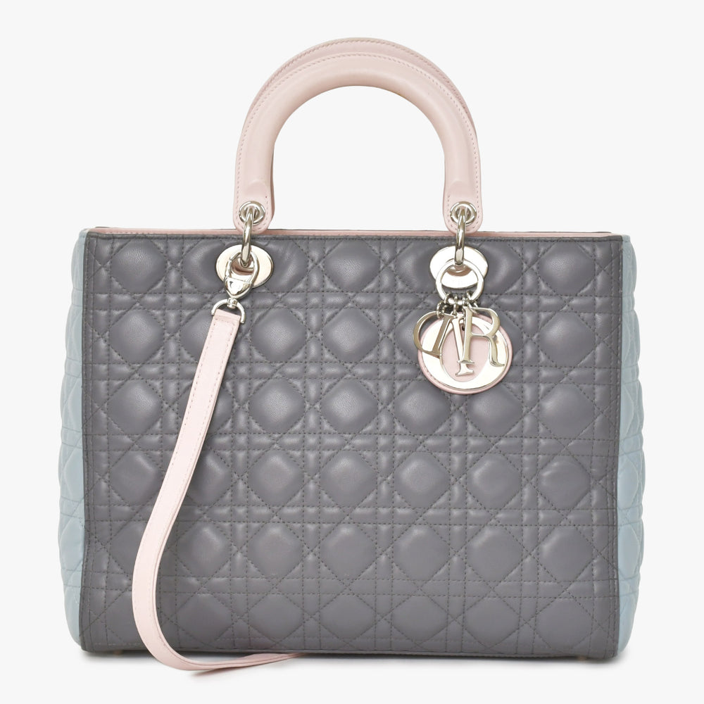 Christian Dior Lady Dior Large Tricolor Handbag 2way Gray Pink Light Blue Lambskin Good Condition Used 4a003905