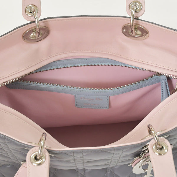 Christian Dior Lady Dior Large Tricolor Handbag 2way Gray Pink Light Blue Lambskin Good Condition Used 4a003905