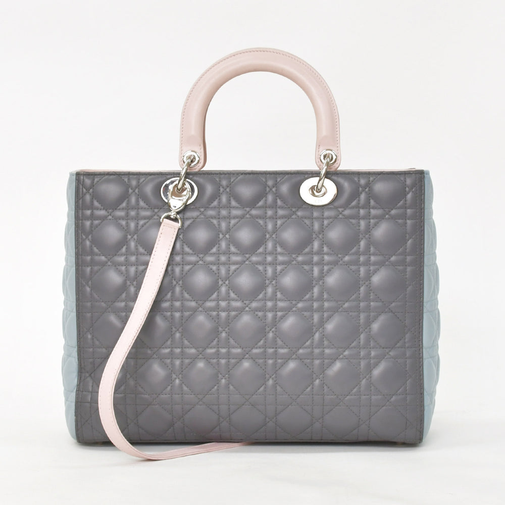 Christian Dior Lady Dior Large Tricolor Handbag 2way Gray Pink Light Blue Lambskin Good Condition Used 4a003905
