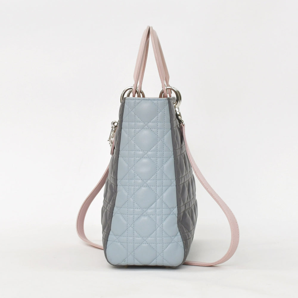 Christian Dior Lady Dior Large Tricolor Handbag 2way Gray Pink Light Blue Lambskin Good Condition Used 4a003905