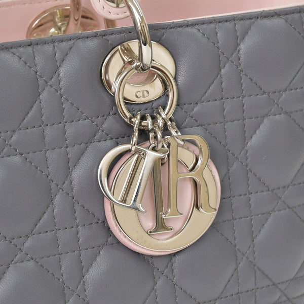 Christian Dior Lady Dior Large Tricolor Handbag 2way Gray Pink Light Blue Lambskin Good Condition Used 4a003905