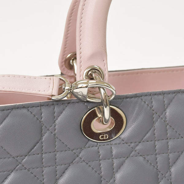Christian Dior Lady Dior Large Tricolor Handbag 2way Gray Pink Light Blue Lambskin Good Condition Used 4a003905
