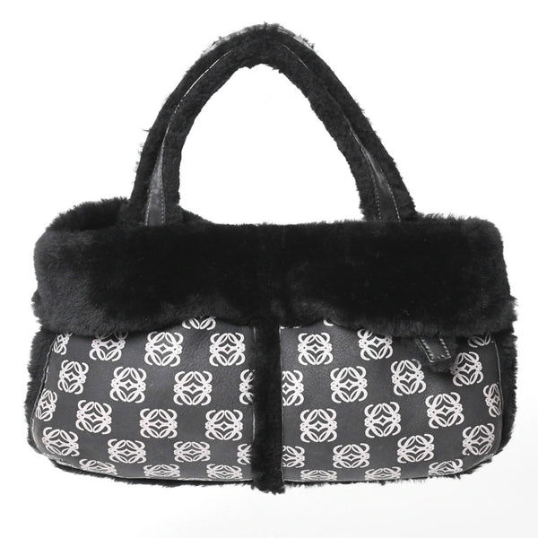 LOEWE ロエベ ハンドバッグ アナグラム ブラック ムートン レザー ブラック シルバー金具 美品 中古 4a000487