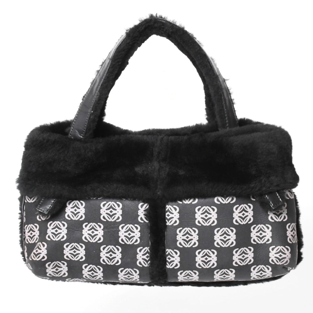 LOEWE ロエベ ハンドバッグ アナグラム ブラック ムートン レザー ブラック シルバー金具 美品 中古 4a000487