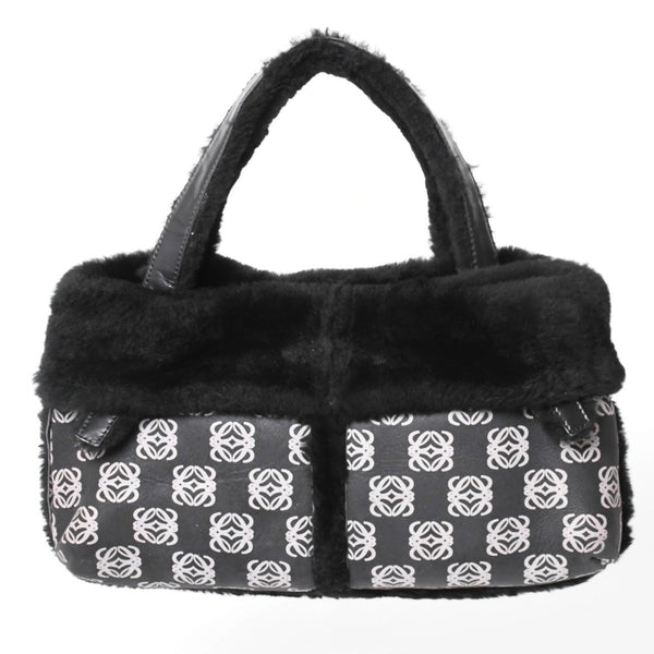 LOEWE ロエベ ハンドバッグ アナグラム ブラック ムートン レザー ブラック シルバー金具 美品 中古 4a000487