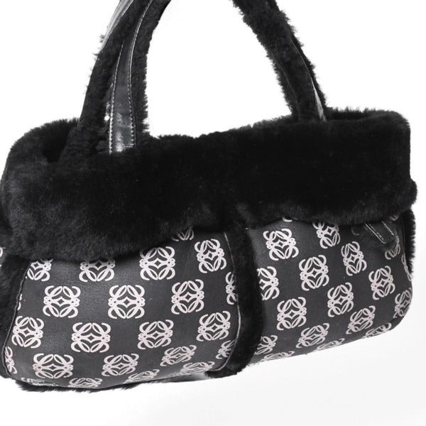 LOEWE ロエベ ハンドバッグ アナグラム ブラック ムートン レザー ブラック シルバー金具 美品 中古 4a000487