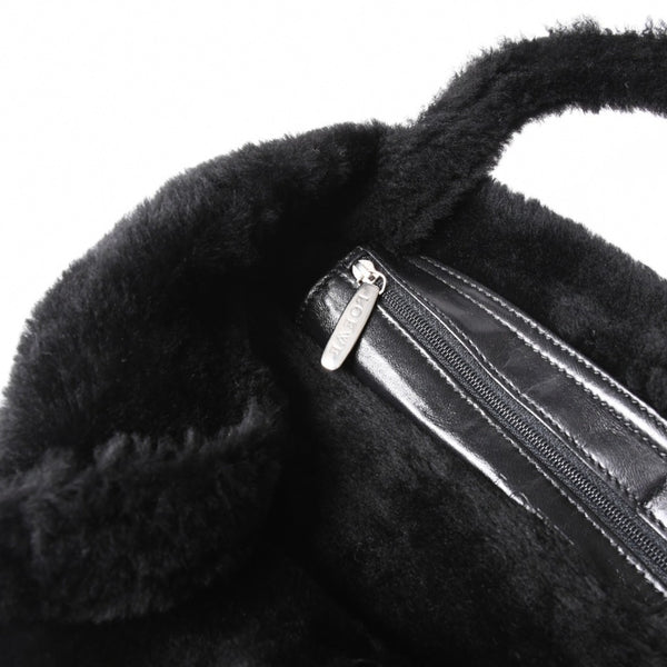 LOEWE ロエベ ハンドバッグ アナグラム ブラック ムートン レザー ブラック シルバー金具 美品 中古 4a000487