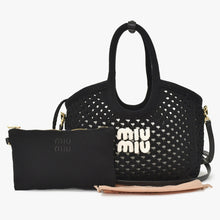 画像をギャラリービューアに読み込む, 極美品 MIUMIU ミュウミュウ Ivy アイビー 2WAYバッグ 5BG231 メッシュ コットン ブラック ロゴ刺繍 ゴールド金具 中古 4a004056
