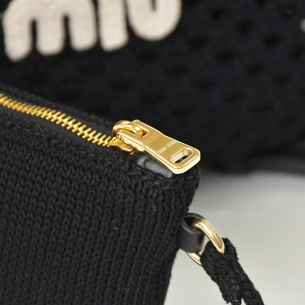 極美品 MIUMIU ミュウミュウ Ivy アイビー 2WAYバッグ 5BG231 メッシュ コットン ブラック ロゴ刺繍 ゴールド金具 中古 4a004056