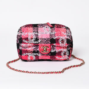 新品同様品 CHANEL シャネル ココビーチ 2WAY チェーンショルダーバッグ ツイード スパンコール ココマーク ランダム番台 ピンク ブラック ホワイト ゴールド金具 中古 4a008687