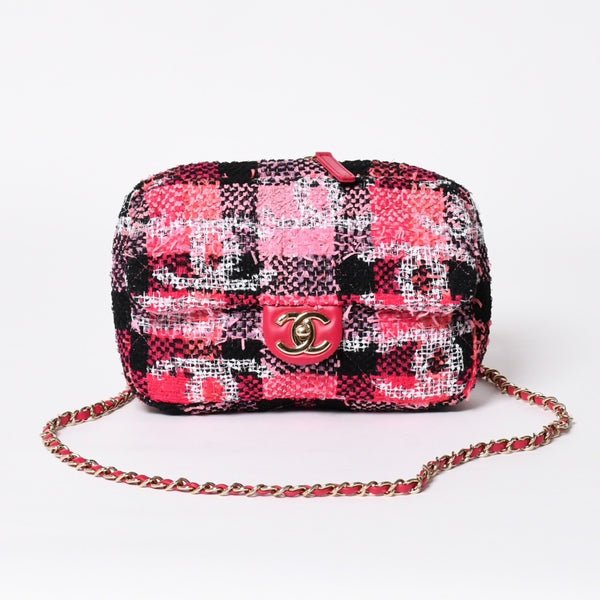 新品同様品 CHANEL シャネル ココビーチ 2WAY チェーンショルダーバッグ ツイード スパンコール ココマーク ランダム番台 ピンク ブラック ホワイト ゴールド金具 中古 4a008687