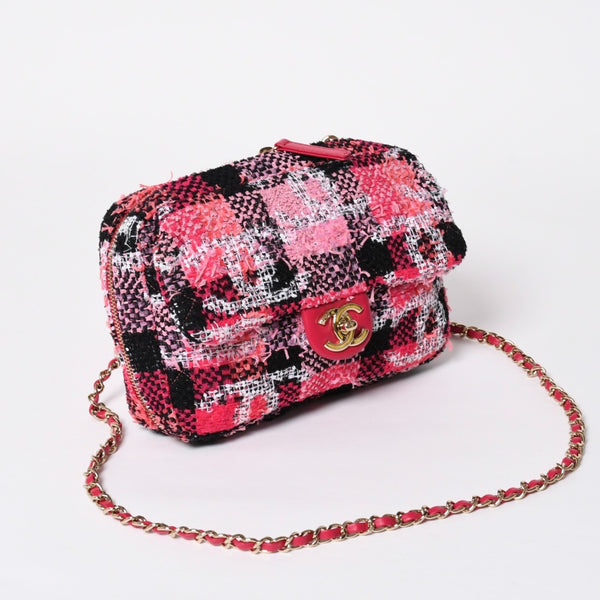 新品同様品 CHANEL シャネル ココビーチ 2WAY チェーンショルダーバッグ ツイード スパンコール ココマーク ランダム番台 ピンク ブラック ホワイト ゴールド金具 中古 4a008687